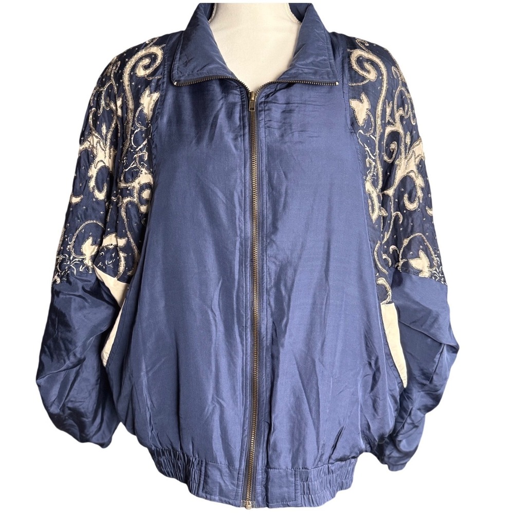 Bocoo Vintage Silk Bomber Jacket Blue‎ Embroidered Beaded Womens Large 90s